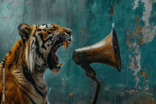 Tiger roaring with a megaphone. Advertising concept with speech bubble for your text. photo