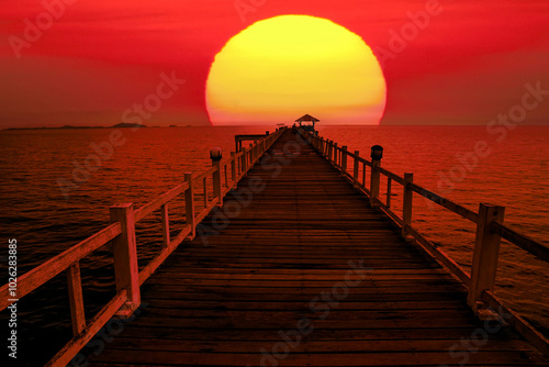 Wooden bridge on the sea on the background of the rising sun