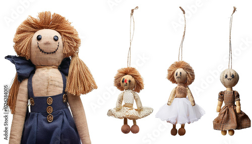 Set collection of vintage scary funny voodoo rag doll puppet on transparent background photo