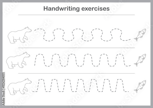 Basic writing exercises. Trace line worksheets for children. Preschool handwriting practice. Vector illustration. A4 - ready to print format