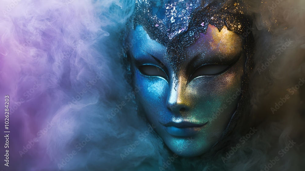 A delicate mist encircles the mask reflecting soft iridescent hues creating a mystical atmosphere A delicate mist encircles the mask reflecting soft iridescent hues creating a mystical atmosphere