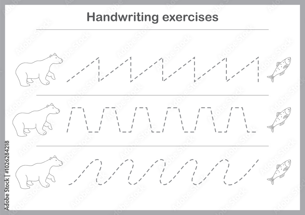 Obraz premium Basic writing exercises. Trace line worksheets for children. Preschool handwriting practice. Vector illustration. A4 - ready to print format