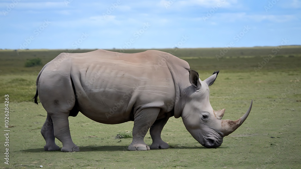 Fototapeta premium A White Rhinoceros Grazing in a Field