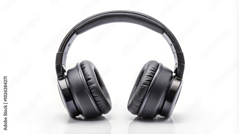 Modern black wireless headphones on white background with forced perspective angle Modern black wireless headphones on white background with forced perspective angle