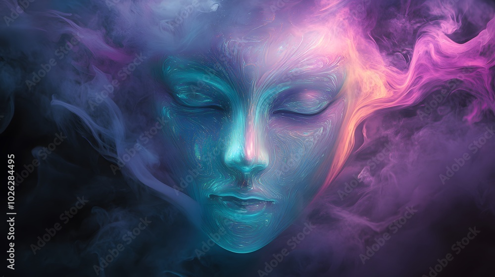 A soft mist swirls gently around the mask reflecting iridescent colors adding to the mystical and ethereal glow A soft mist swirls gently around the mask reflecting iridescent colors adding to the mystical and ethereal glow