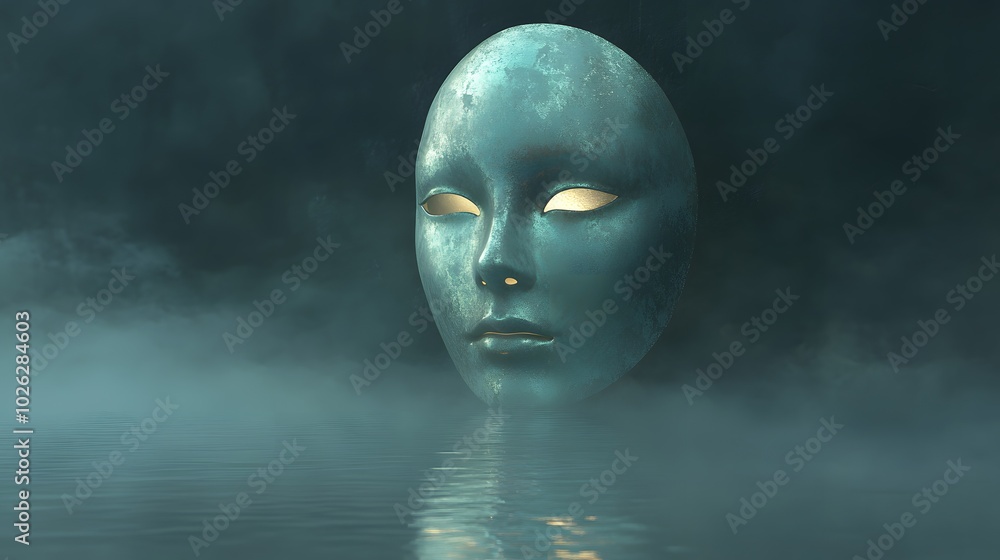 The mask is surrounded by a faint mist softly reflecting its iridescent hues under a gentle glow The mask is surrounded by a faint mist softly reflecting its iridescent hues under a gentle glow