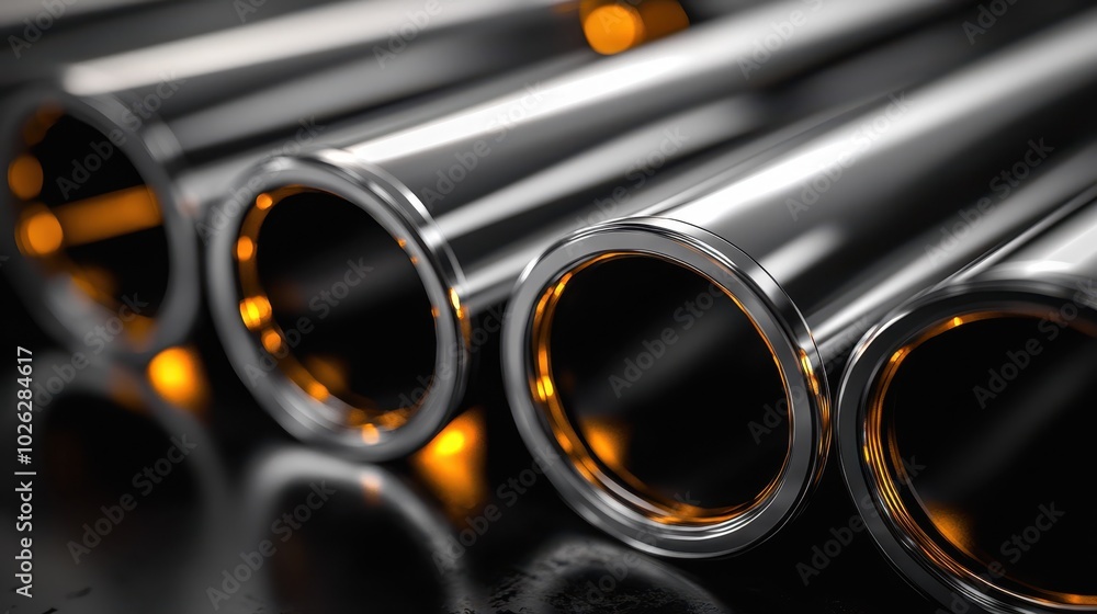 Close-up of polished metal pipes with a reflective golden glow on dark background. Close-up of polished metal pipes with a reflective golden glow on dark background.