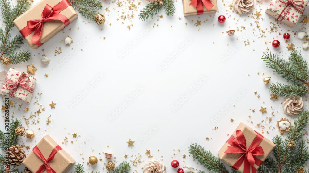 Festive Gift With Pine and Decorations for Winter Holidays Festive Gift With Pine and Decorations for Winter Holidays