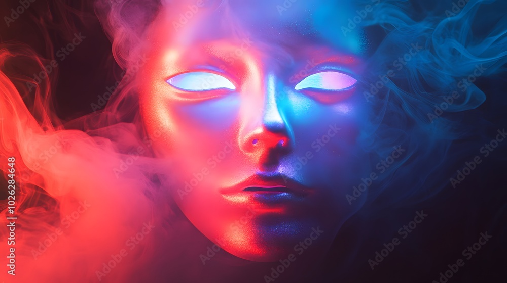Subtle smoke swirls around the mask reflecting its iridescent colors under soft lighting creating an otherworldly atmosphere Subtle smoke swirls around the mask reflecting its iridescent colors under soft lighting creating an otherworldly atmosphere