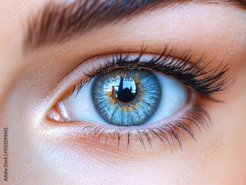 A wide-open blue eye with natural eyelashes and a glowing highlight in the pupil, isolated on white background  photo