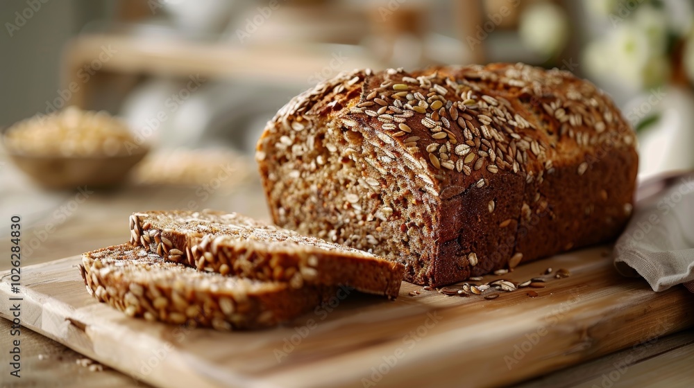 Whole Grain Bread Loaf with Seeds on Rustic Wooden Table Whole Grain Bread Loaf with Seeds on Rustic Wooden Table
