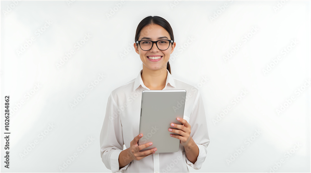 A smiling woman holding tablet isolated on a empty white background, studio shot, detailed photo. Generative art. A smiling woman holding tablet isolated on a empty white background, studio shot, detailed photo. Generative art.