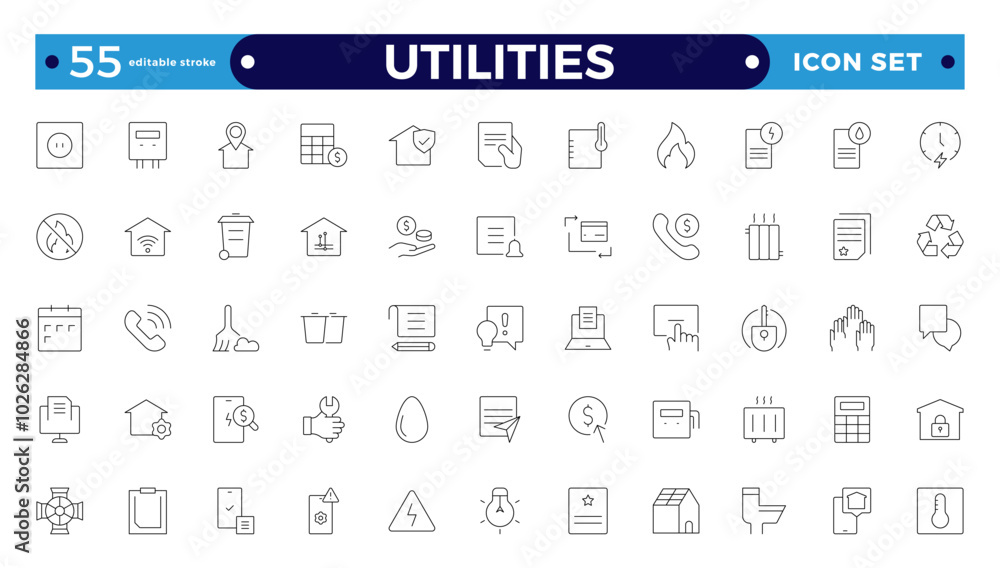 Public utilities web icons in outline style. Rent receipt, electricity, water, gas, garage, heating, Water, Fuel, Electricity, Solar House, Maintenance collection. Editable stroke outline icon.
Public utilities web icons in outline style. Rent receipt, electricity, water, gas, garage, heating, Water, Fuel, Electricity, Solar House, Maintenance collection. Editable stroke outline icon.