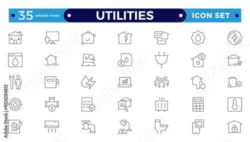 Public utilities web icons in outline style. Rent receipt, electricity, water, gas, garage, heating, Water, Fuel, Electricity, Solar House, Maintenance collection. Editable stroke outline icon.
