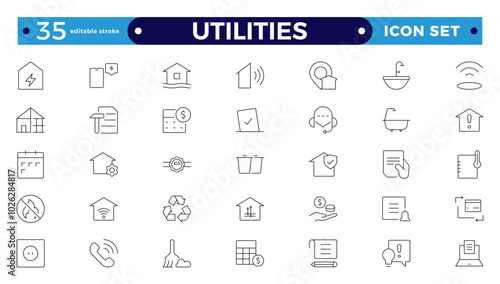 Public utilities web icons in outline style. Rent receipt, electricity, water, gas, garage, heating, Water, Fuel, Electricity, Solar House, Maintenance collection. Editable stroke outline icon.
