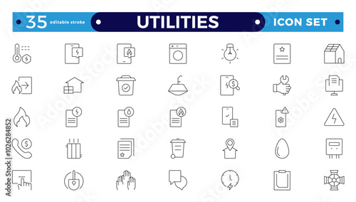 Public utilities web icons in outline style. Rent receipt, electricity, water, gas, garage, heating, Water, Fuel, Electricity, Solar House, Maintenance collection. Editable stroke outline icon.
