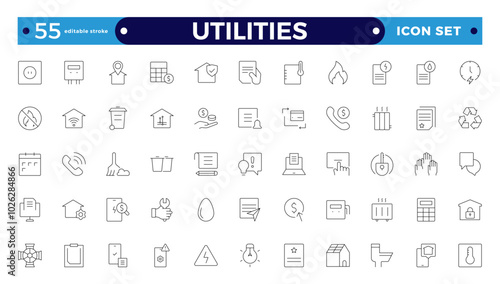 Public utilities web icons in outline style. Rent receipt, electricity, water, gas, garage, heating, Water, Fuel, Electricity, Solar House, Maintenance collection. Editable stroke outline icon.
