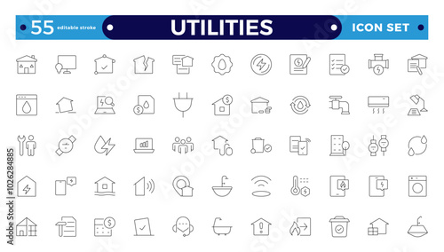 Public utilities web icons in outline style. Rent receipt, electricity, water, gas, garage, heating, Water, Fuel, Electricity, Solar House, Maintenance collection. Editable stroke outline icon.
