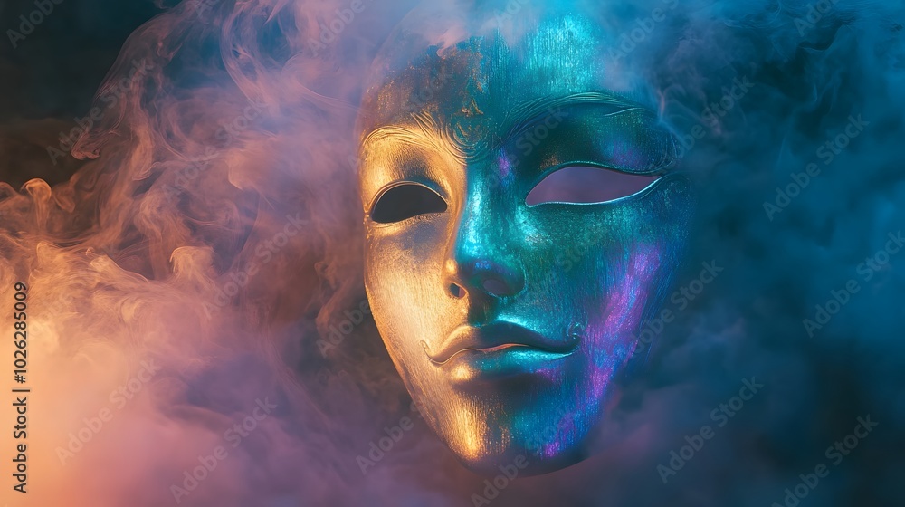 The mask floats in mid-air with faint swirling mist softly reflecting its iridescent colors under ethereal light The mask floats in mid-air with faint swirling mist softly reflecting its iridescent colors under ethereal light