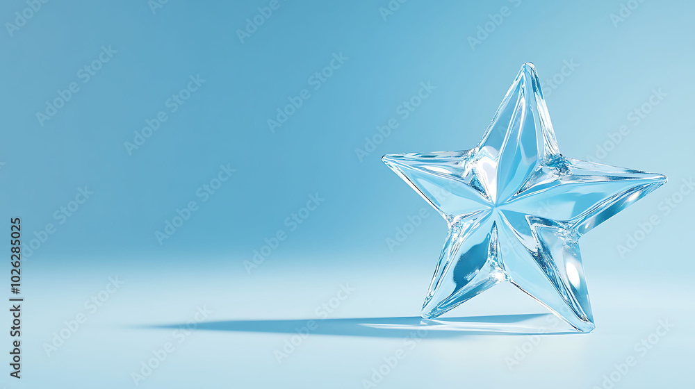 A clear glass star shape on a blue background with copy space. A clear glass star shape on a blue background with copy space.
