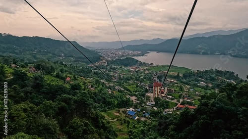 View of Himalayan mountain ranges from a moving cable car in Nepal