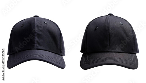 Set of black front and side view hat baseball cap  on transparent background photo