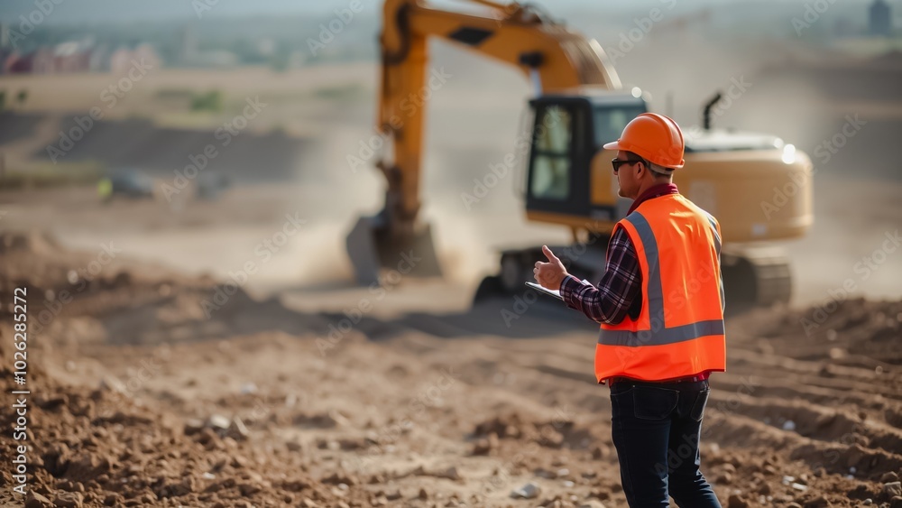 Construction Worker Supervising Backhoe Excavation, A construction worker wearing a safety vest and hard hat observes a yellow backhoe excavating dirt on a site. Construction Worker Supervising Backhoe Excavation, A construction worker wearing a safety vest and hard hat observes a yellow backhoe excavating dirt on a site.