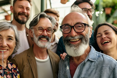 Group of diverse senior friends smiling and looking at camera in the garden