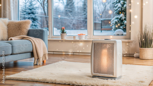 Portable heater in cozy living room with large window showing winter landscape
