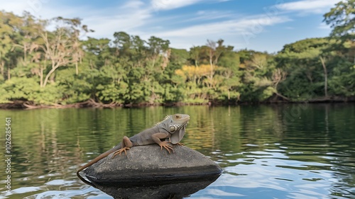 Iguana Sunning on a Rock in a Lake Surrounded by Lush Greenery