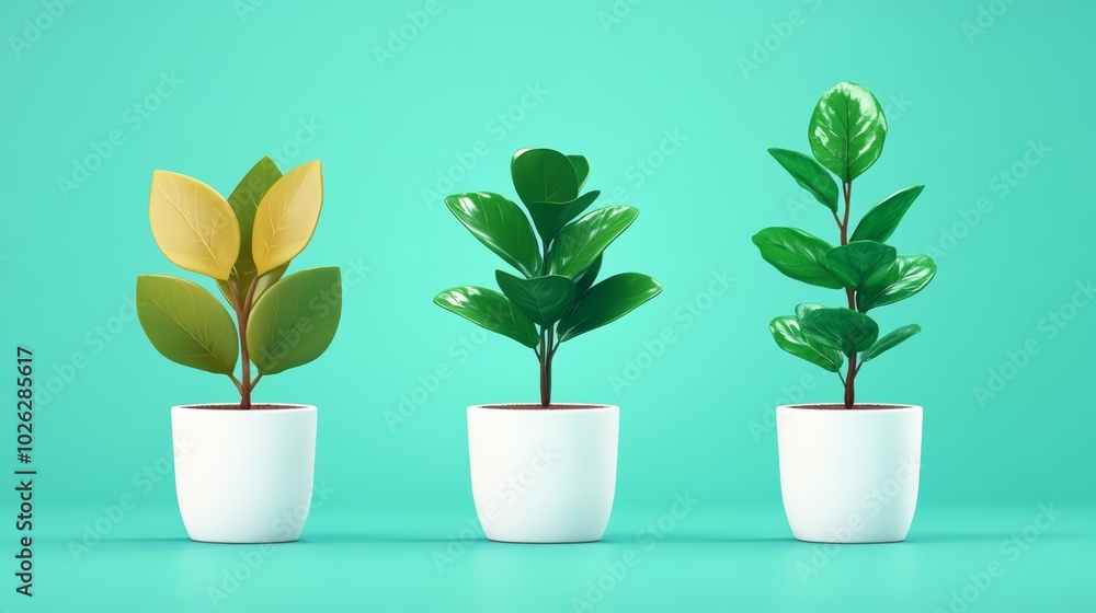 Three indoor plants in white pots on a vibrant turquoise background. Three indoor plants in white pots on a vibrant turquoise background.