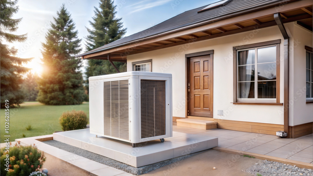 Modern house exterior with heat pump installed for energy efficient home heating Modern house exterior with heat pump installed for energy efficient home heating