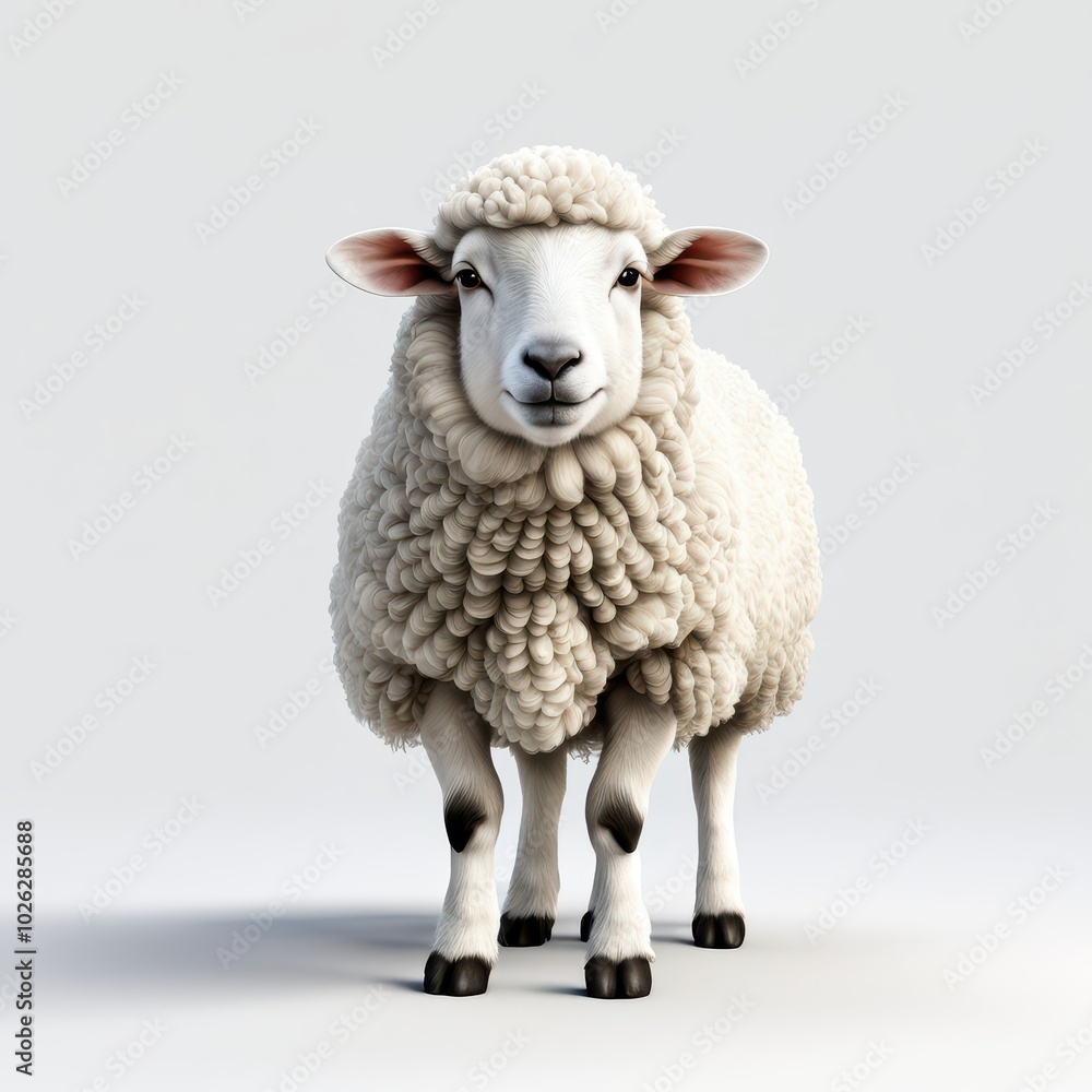Obraz premium A realistic depiction of a sheep standing upright, showcasing its fluffy wool and gentle expression.