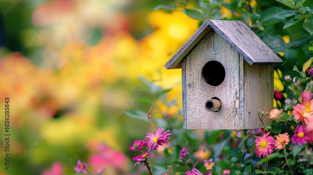 Conceptual image of a birdhouse in a colorful garden, showcasing the beauty of nature and home for wildlife Conceptual image of a birdhouse in a colorful garden, showcasing the beauty of nature and home for wildlife