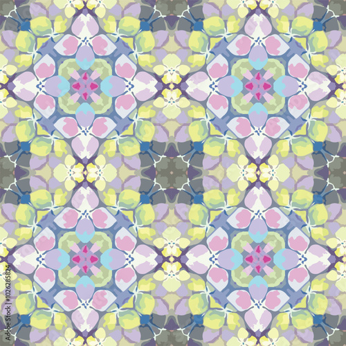 A delicate floral tile pattern in pastel hues of pink, blue, and yellow, ideal for digital projects, textiles, stationery, and surface design.