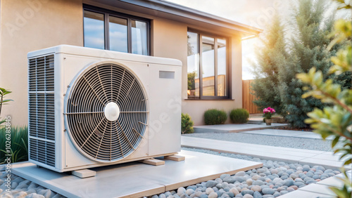 Large outdoor air conditioner unit installed beside modern house with garden view