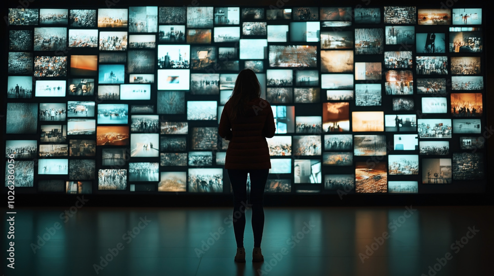 Silhouette of a person standing in front of a large illuminated video wall displaying multiple images in a dark room Silhouette of a person standing in front of a large illuminated video wall displaying multiple images in a dark room