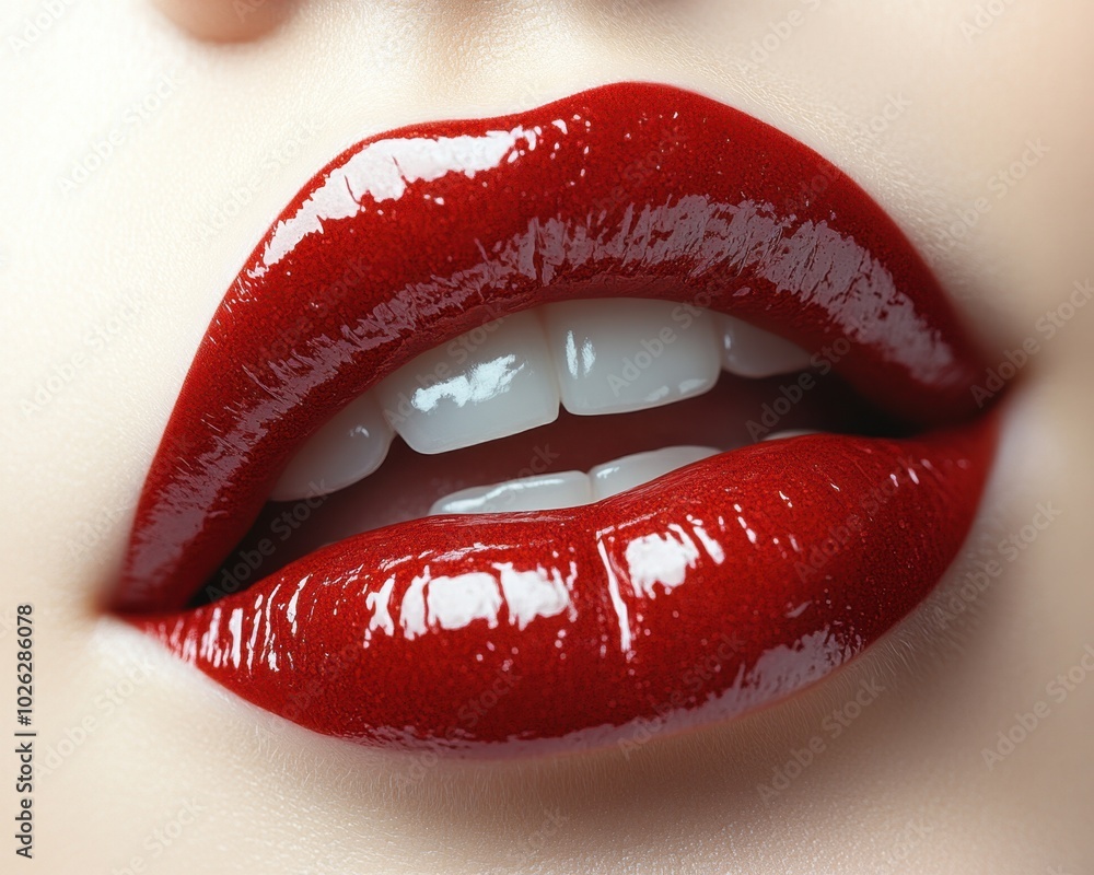Obraz premium A detailed close-up of glossy red lips in a slight pout, isolated on white background 
