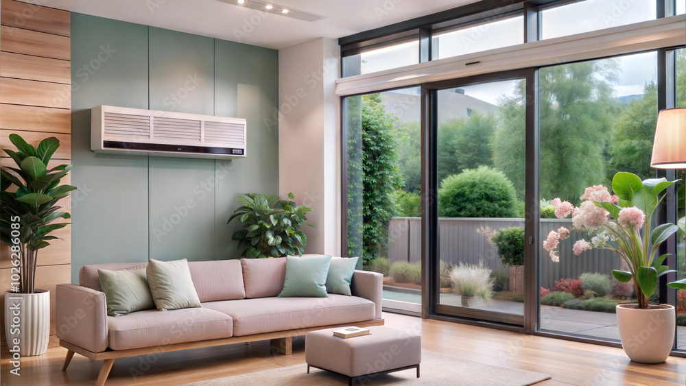 Fototapeta premium Living room with air conditioner and large glass doors leading to outdoor garden