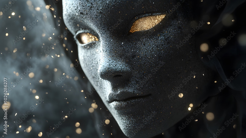Soft particles float in the air around the mask reflecting light and softly shimmering in an ethereal display Soft particles float in the air around the mask reflecting light and softly shimmering in an ethereal display