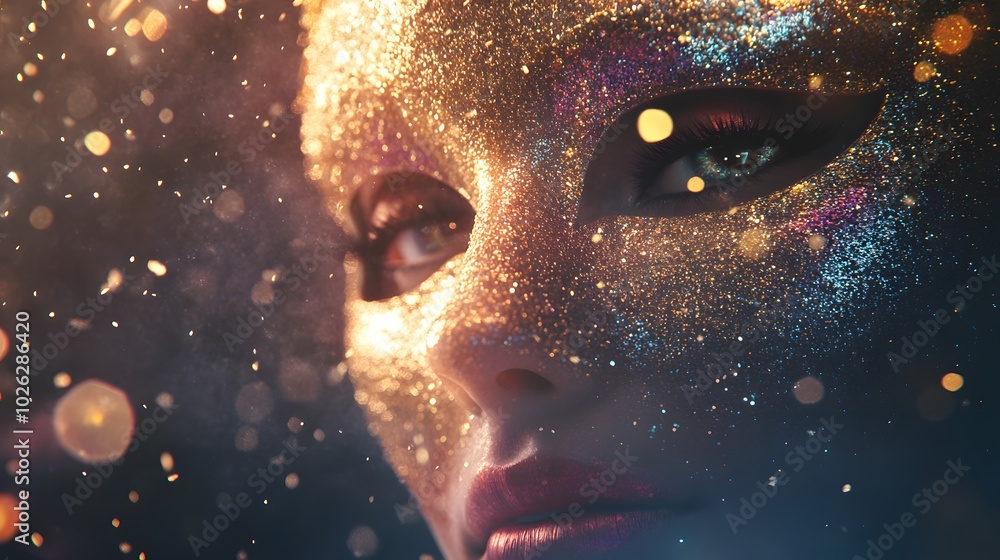 Glimmering dust particles hover around the mask catching the light and softly reflecting its iridescent colors Glimmering dust particles hover around the mask catching the light and softly reflecting its iridescent colors