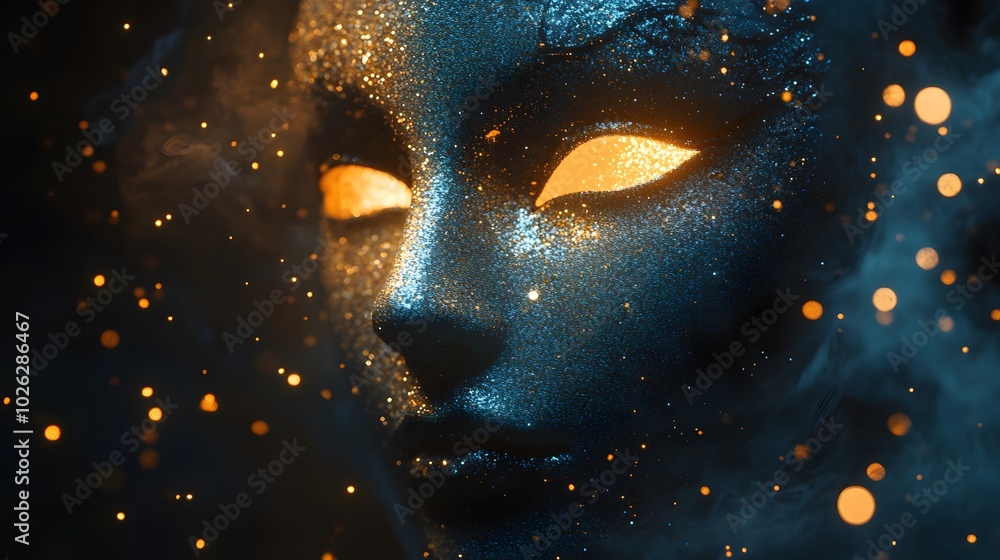 The air is filled with delicate glimmering particles around the mask catching light and adding a mystical glow The air is filled with delicate glimmering particles around the mask catching light and adding a mystical glow