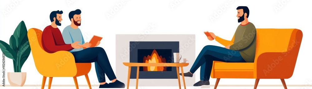 Two men in cozy living room, enjoying conversation by the fireplace. Two men in cozy living room, enjoying conversation by the fireplace.