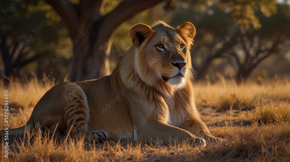 A majestic lion, bathed in golden light, lies in a field of tall grass, its gaze fixed on the horizon. A majestic lion, bathed in golden light, lies in a field of tall grass, its gaze fixed on the horizon.