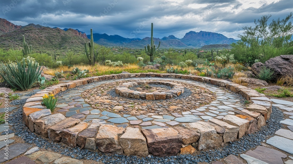 Stone Circle Pathway in a Desert Landscape with Mountains and Cacti Stone Circle Pathway in a Desert Landscape with Mountains and Cacti