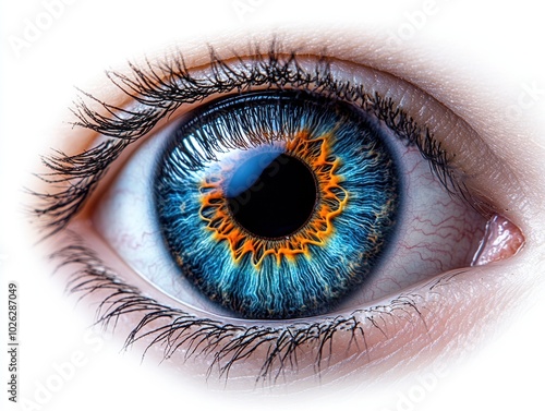A blue eye with strong light reflection in the pupil and detailed texture in the iris, isolated on white background