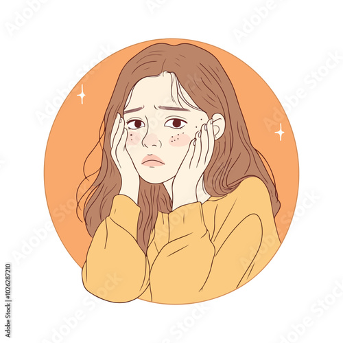 Sad teenage girl young woman resting her chin on her hands thinking frustrated Flat Vector Illustration