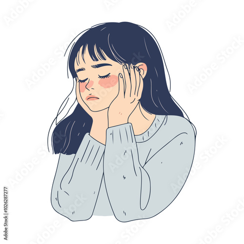 Sad teenage girl young woman resting her chin on her hands thinking frustrated Flat Vector Illustration