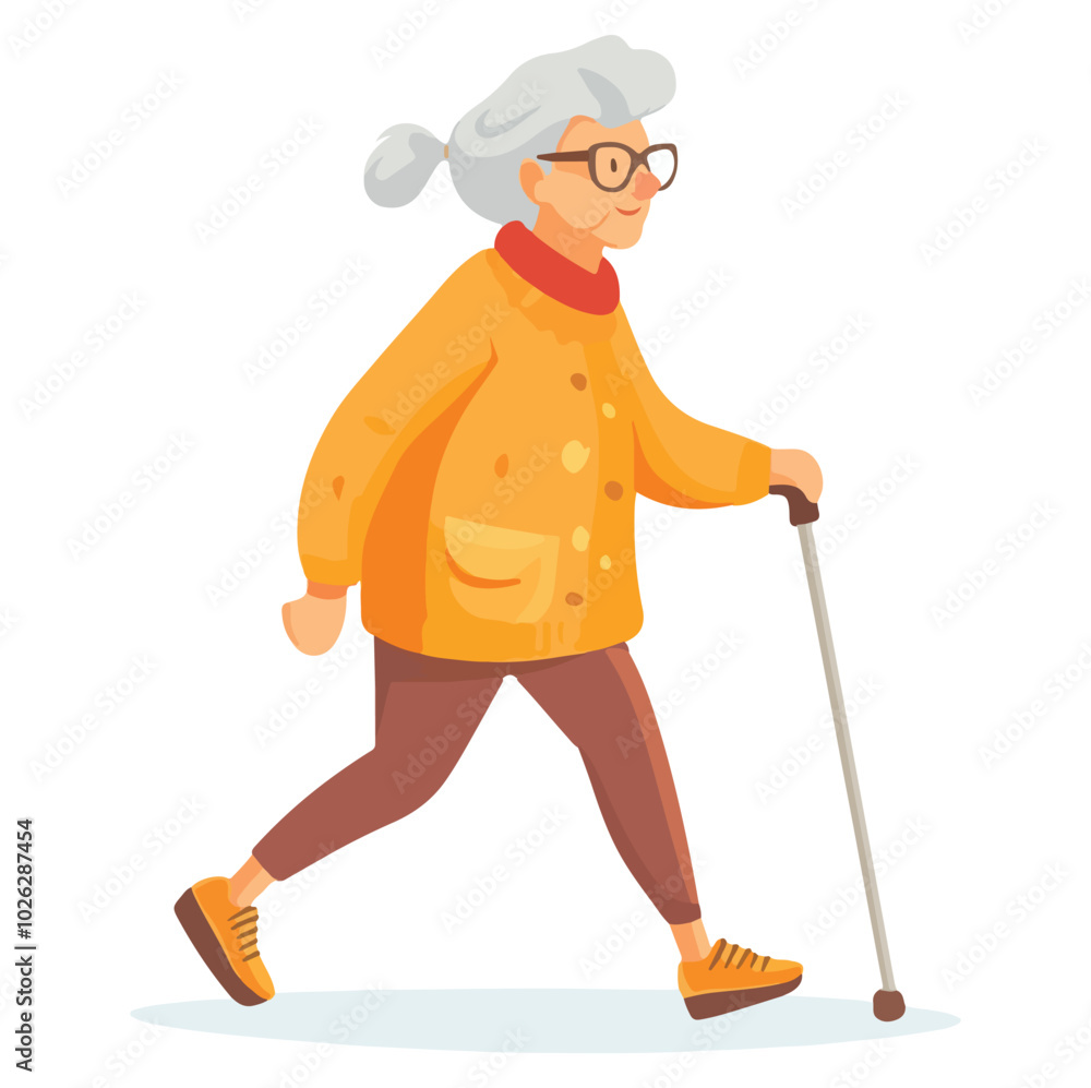 Elderly Woman Enjoying Nature with Walking Stick Outdoors Flat Vector Illustration Elderly Woman Enjoying Nature with Walking Stick Outdoors Flat Vector Illustration