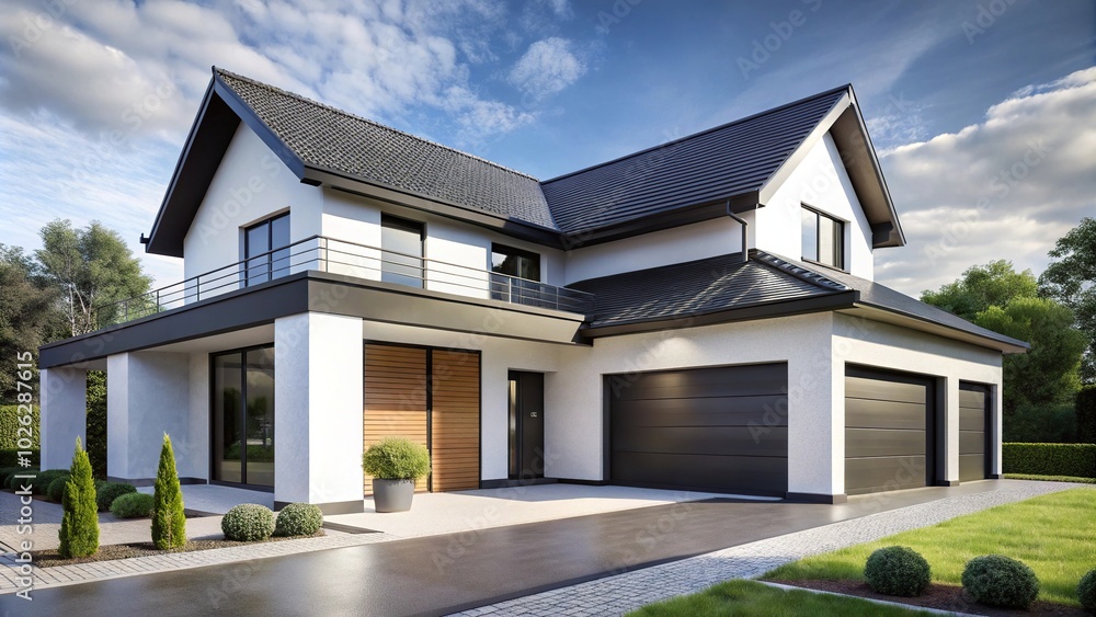 Modern house with white walls, black roof, and large garage Modern house with white walls, black roof, and large garage